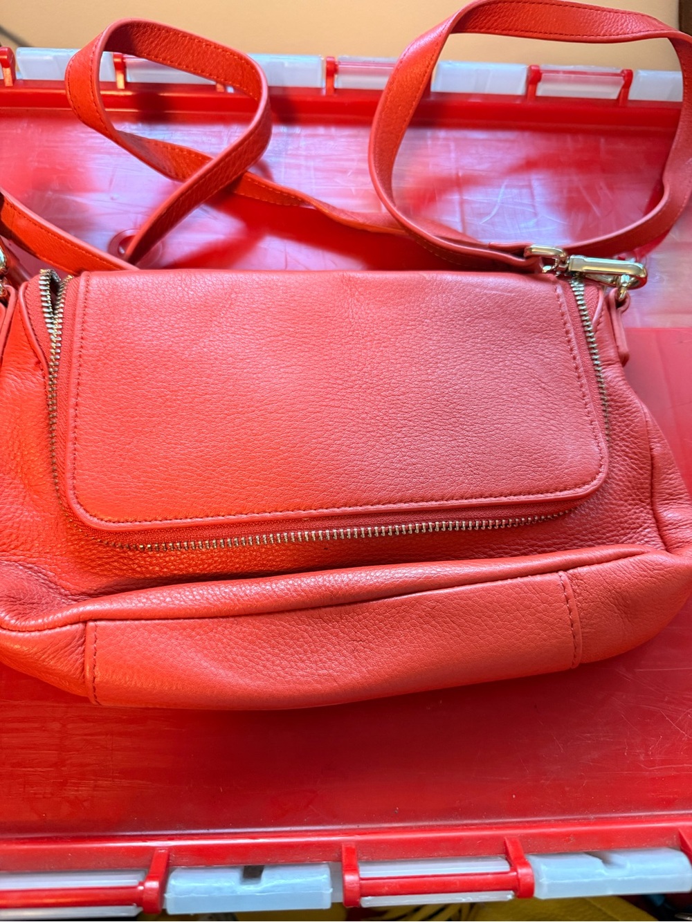 Danier Coral-Red Leather Crossbody Bag